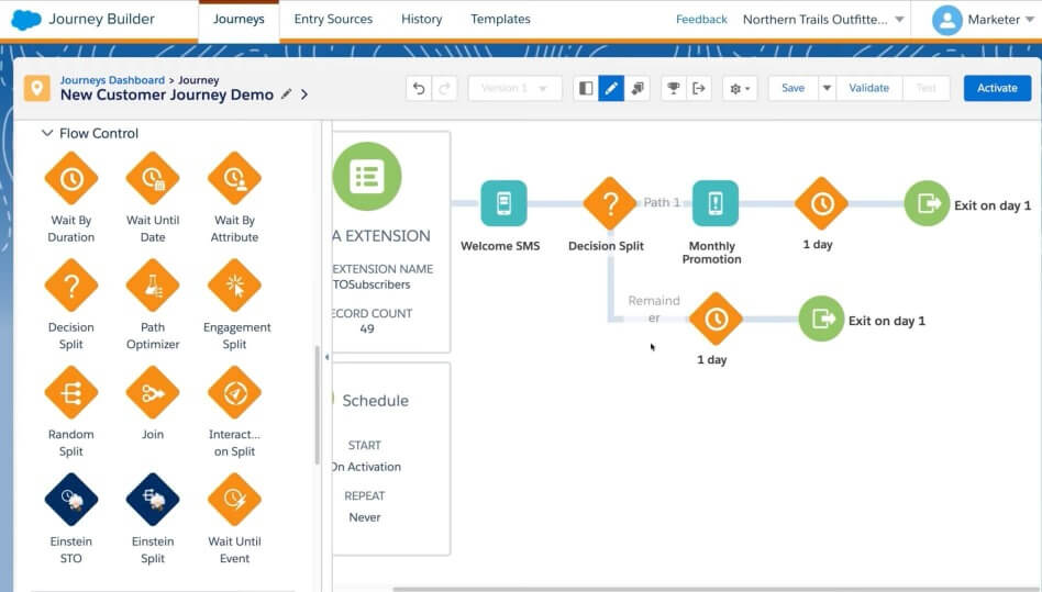 Zrzut ekranu z Journey Builder w Salesforce Marketing Cloud – narzędzia, które doskonale sprawdza się w branży retail