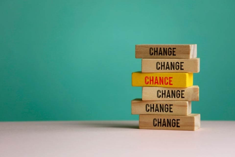 Drewniane klocki z napisem „change”, a między nimi jeden ze słowem „chance” – gotowość do zmiany w organizacji zwiększa szanse na jej skuteczne wprowadzenie