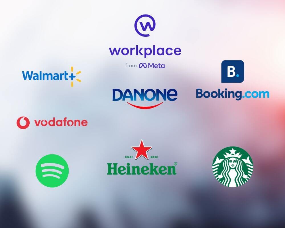 Grafika przedstawiająca logotypy firm korzystających z Workplace from Meta