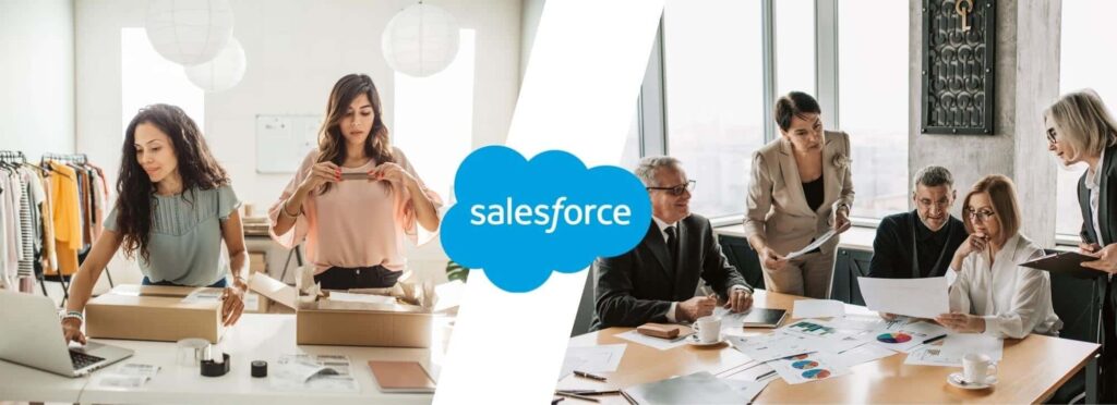 kolaż przedstawiający małą firmę i dużą organizację; na środku logo Salesforce